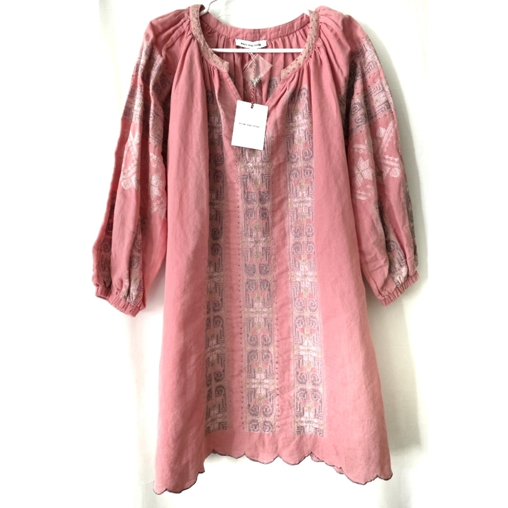 Nwt ROSE AND ROSE Dusty Rose Embroidered Peasant Tunic Dress S